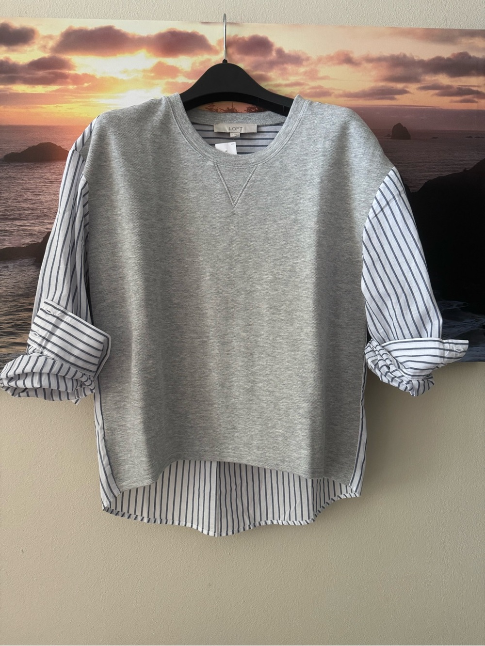 LOFT Gray Pullover with White & Navy Striped Shirt Panels/ XS-S/ NWT
